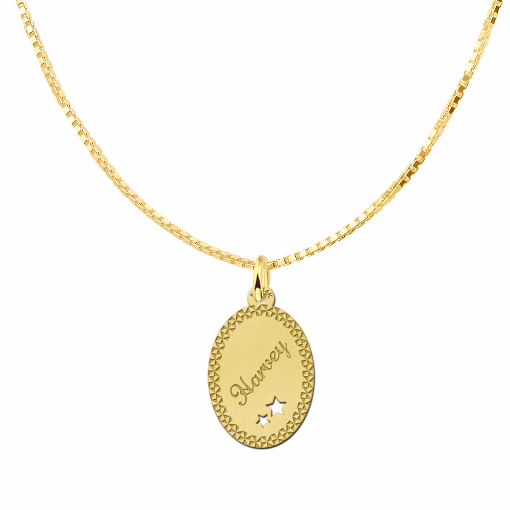 Golden Oval Pendant with Name, Border and Stars