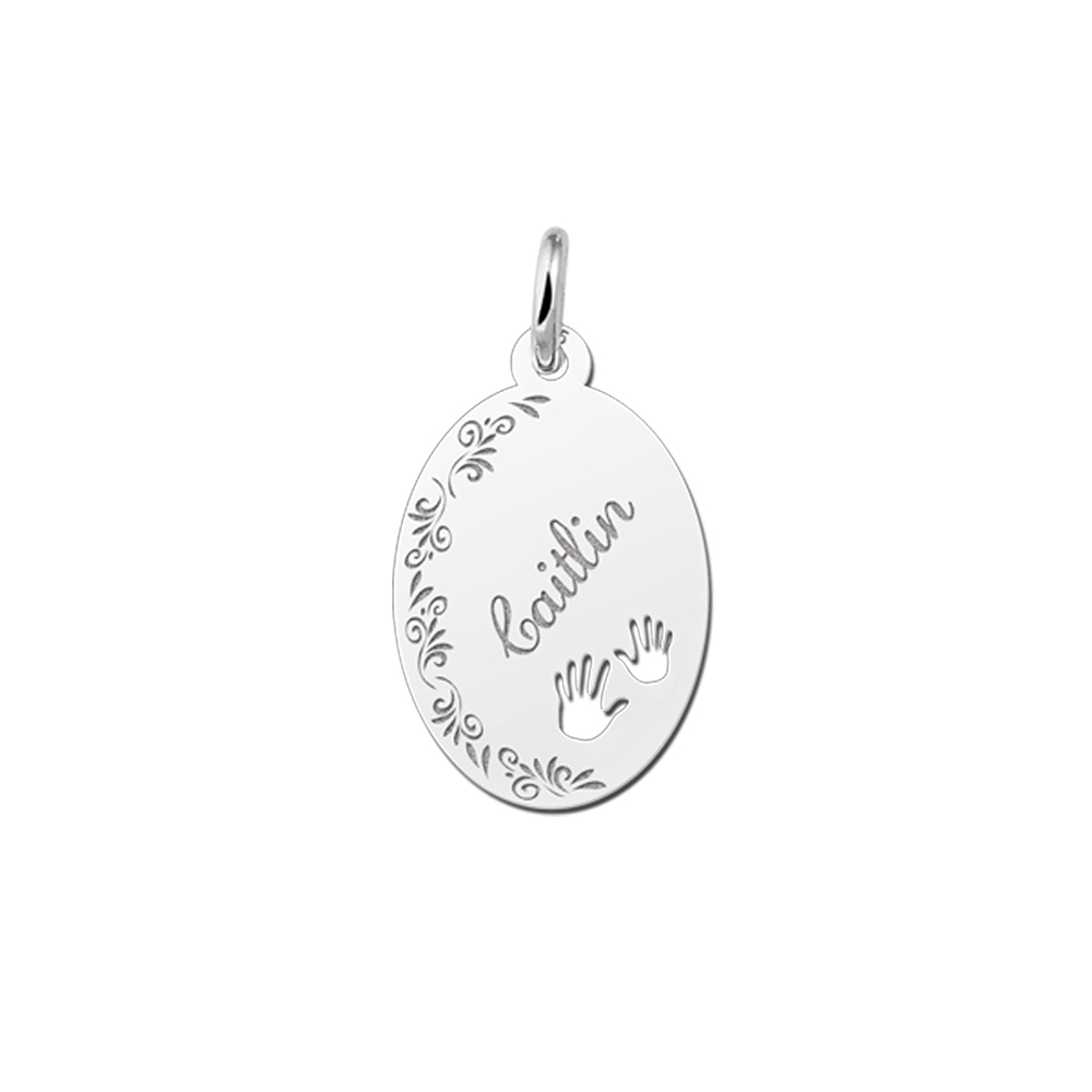 Sterling Silver Oval Pendant with Name, Flowers and Hands