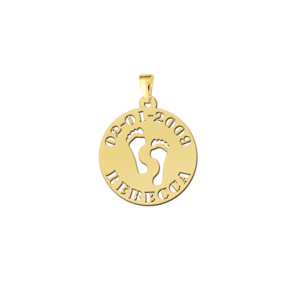 Gold plated baby pendant with baby feet, name and date