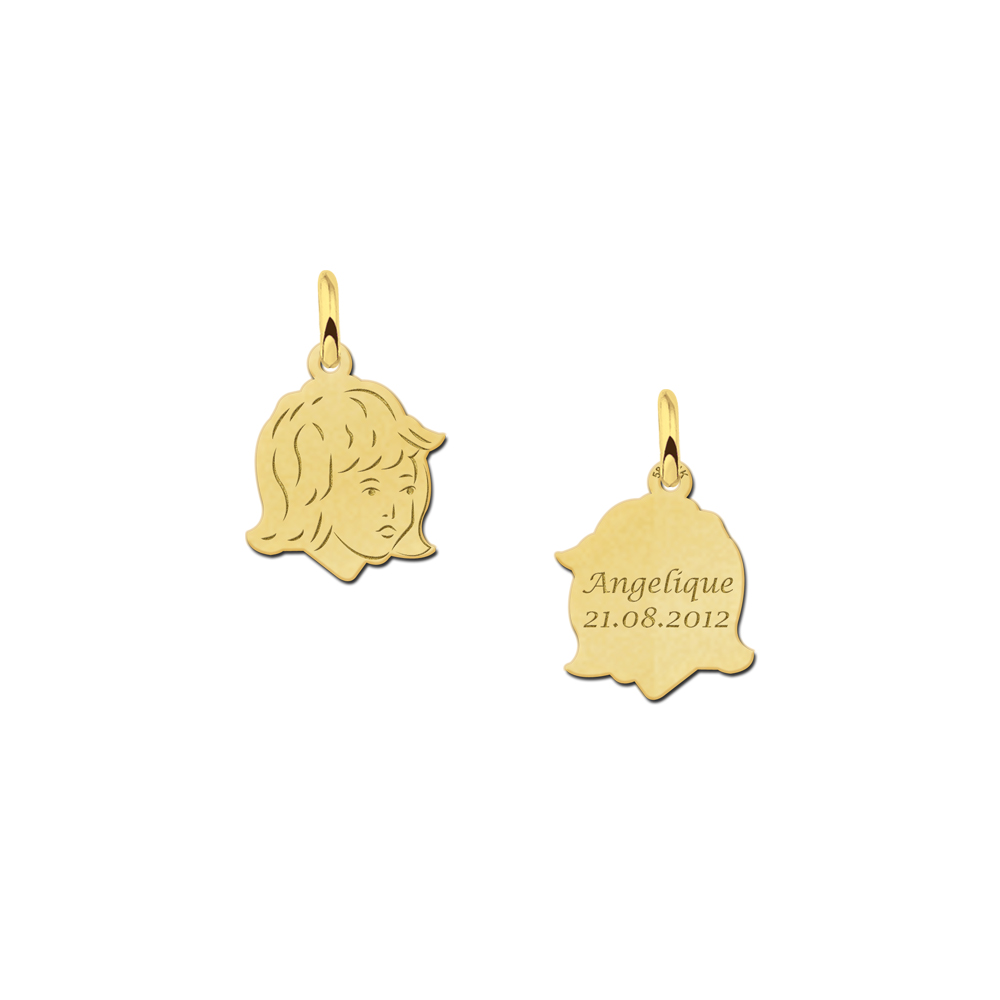 Girls child head gold pendant with back engraving - small