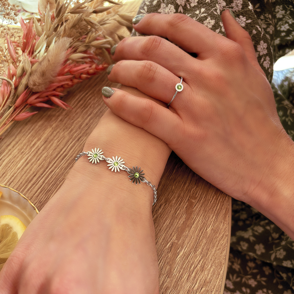 Silver bracelet three daisies with birthstones