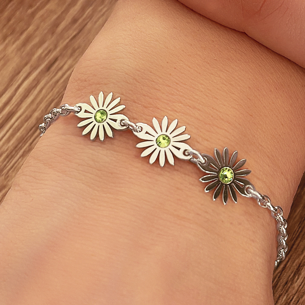 Silver bracelet three daisies with birthstones