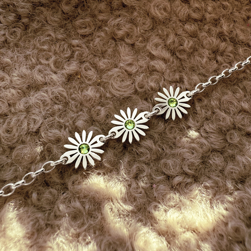 Silver bracelet three daisies with birthstones