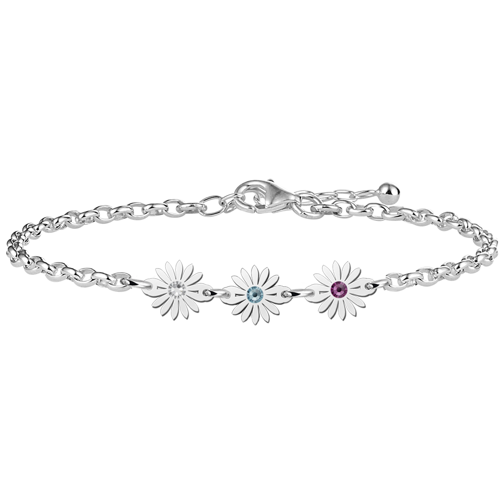 Silver bracelet three daisies with birthstones