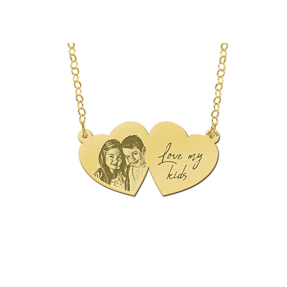 Gold double heart pendant with photo and own handwriting