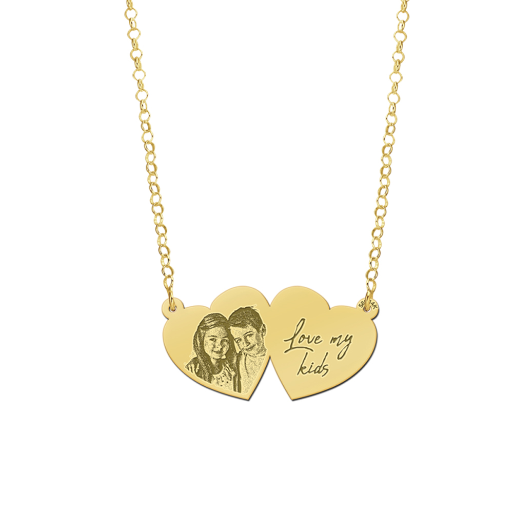 Gold double heart pendant with photo and own handwriting