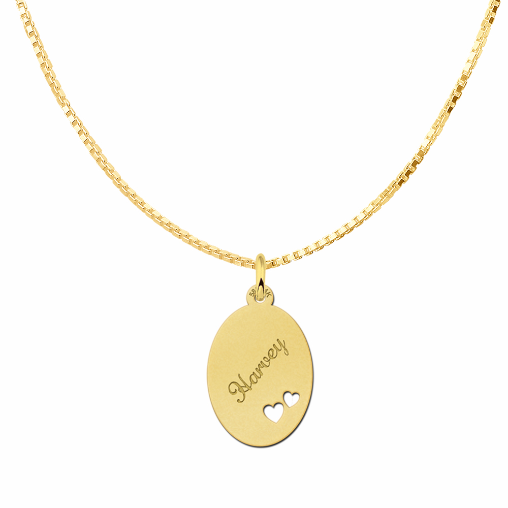 14ct Golden Oval Necklace with Name and Two Hearts