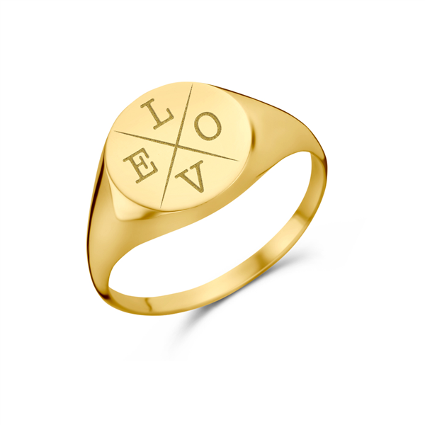 Round gold signet ring with four initial