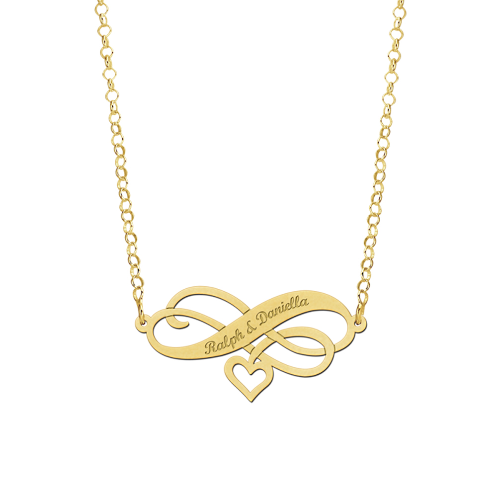Gold infinity necklace with heart and engraving