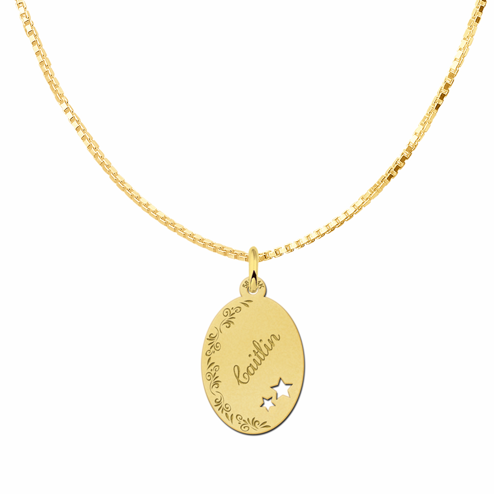 Golden Oval Pendant with Name, Flowers and Stars