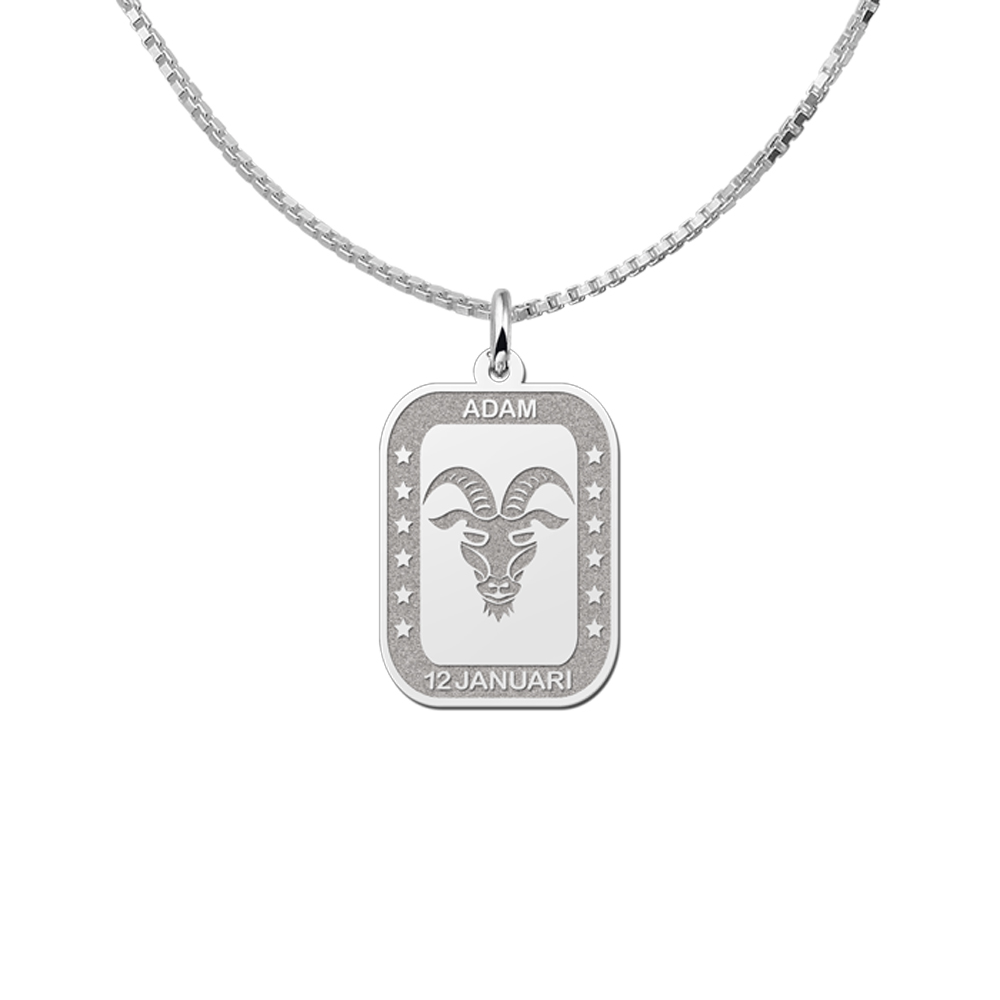 Silver Rectangular Zodiac Pendant Capricorn with Name Engraving