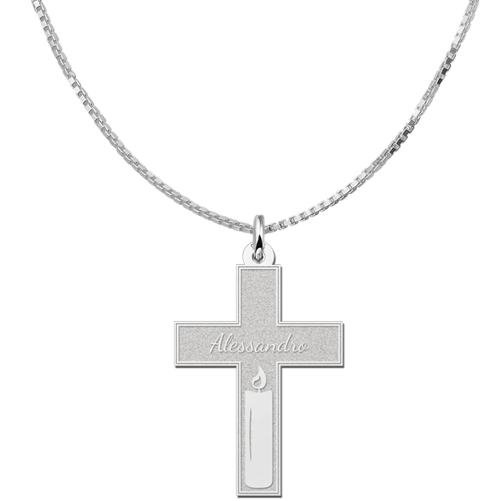 Silver Communion cross with engraving and candle