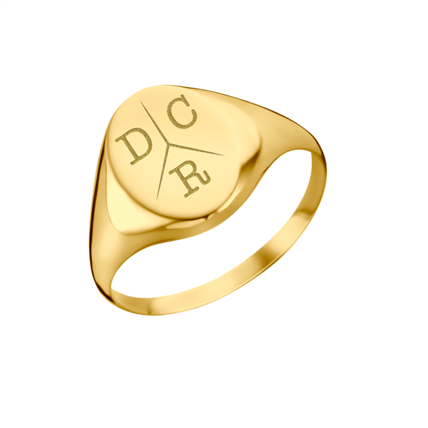 Oval gold signet ring with three initial