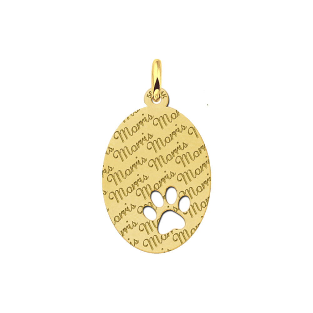 Repeatedly Engraved Golden Oval Pendant with Dog Paw Large