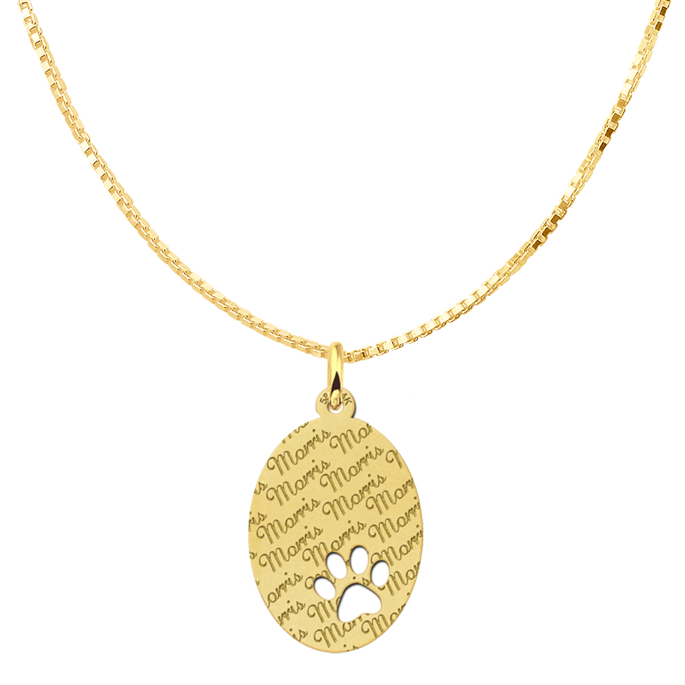 Repeatedly Engraved Golden Oval Pendant with Dog Paw Large