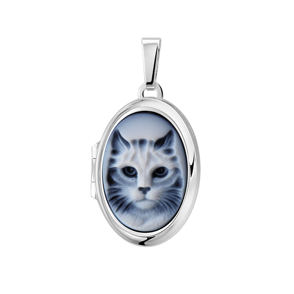 Silver oval medallion with blue cameo "Cat"