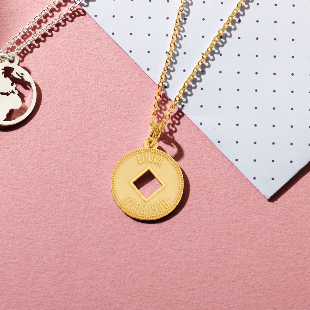 Gold coin necklace with rhombus and engraving