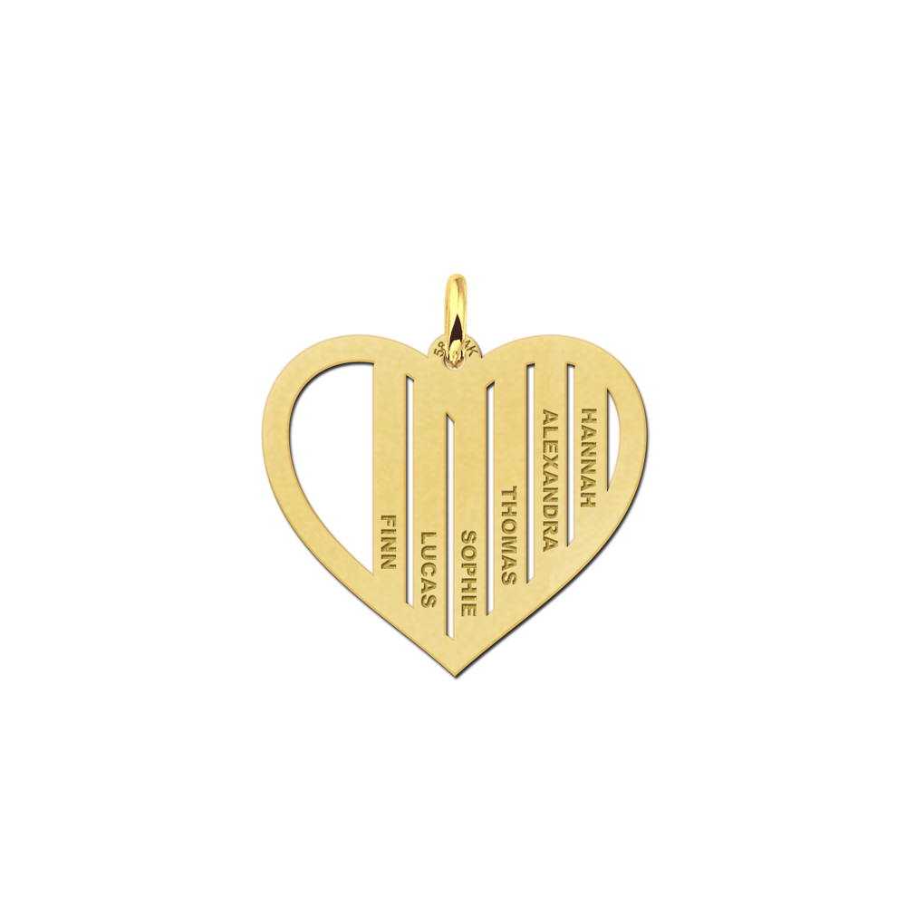 Gold family necklace in heart shape with names