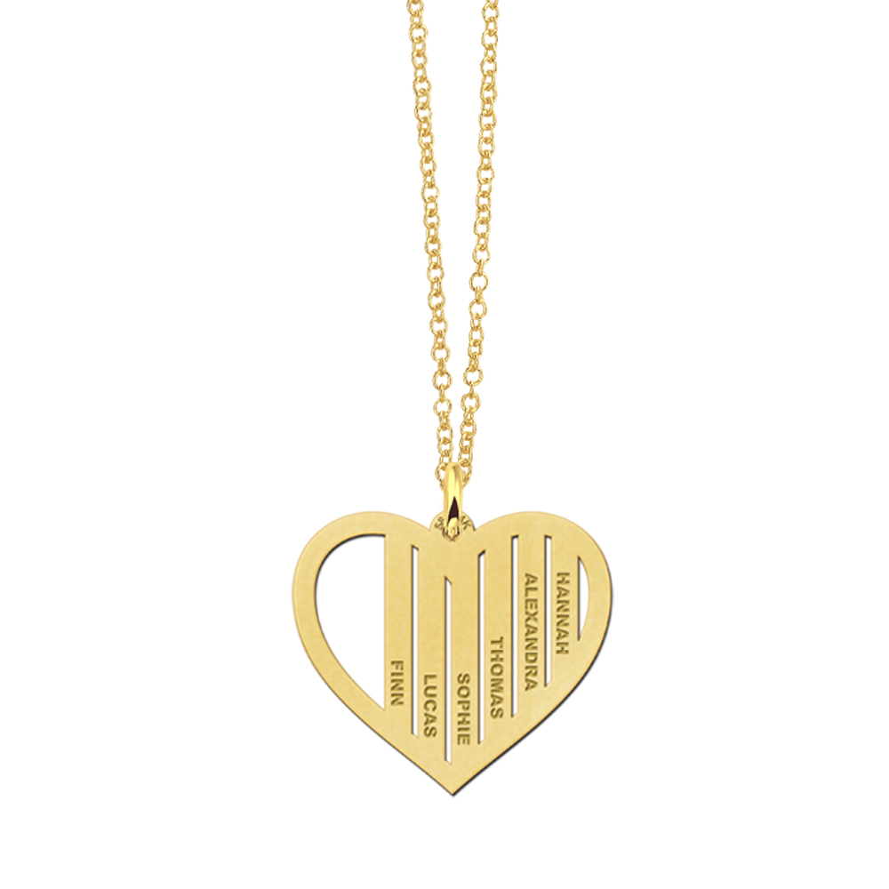 Gold family necklace in heart shape with names