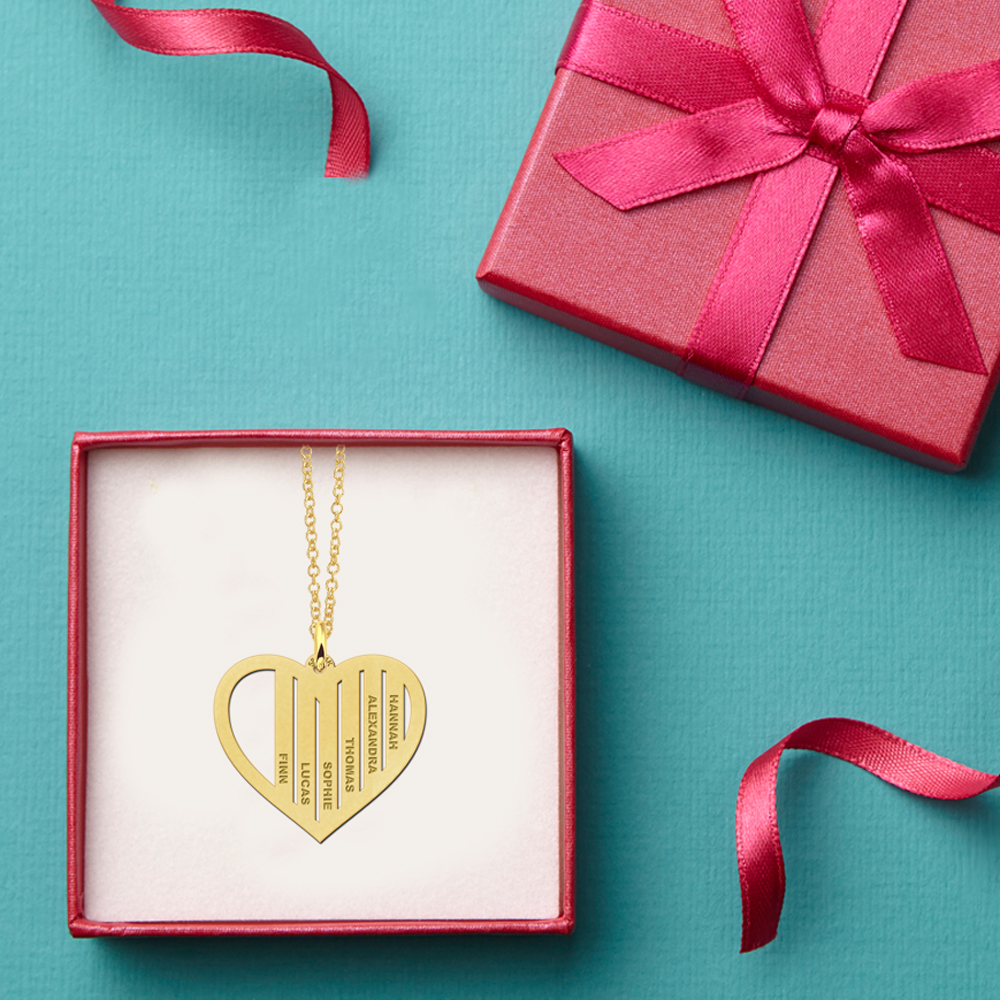 Gold family necklace in heart shape with names