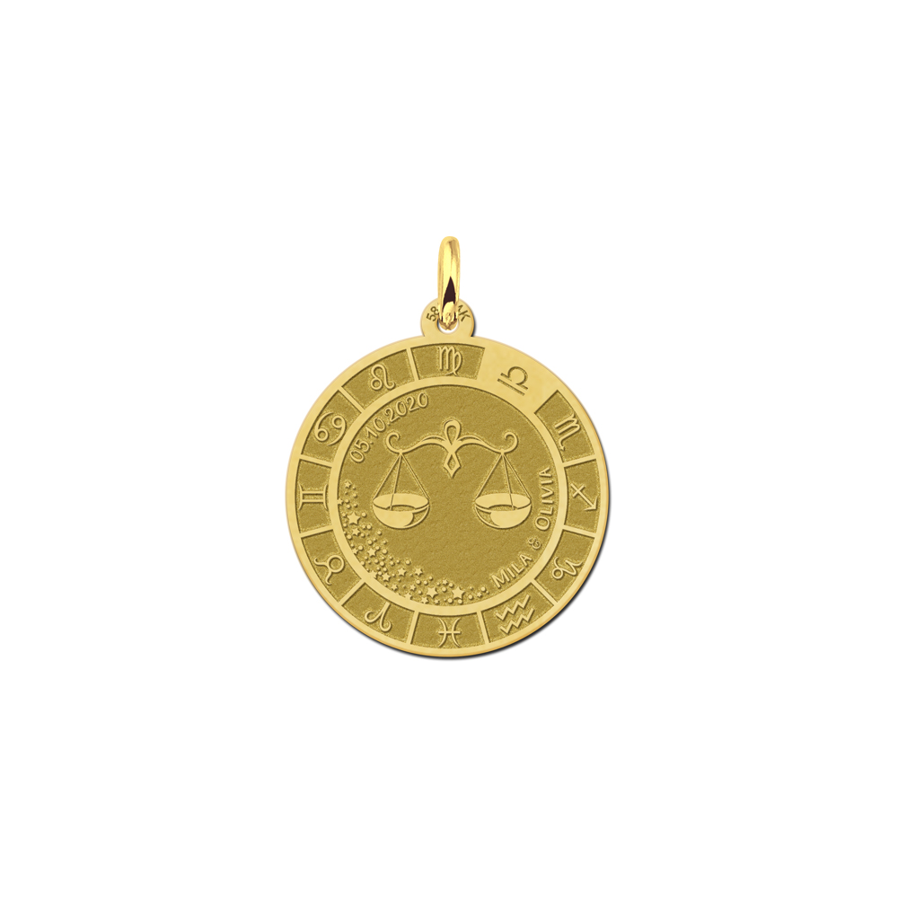 Gold round pendant zodiac libra