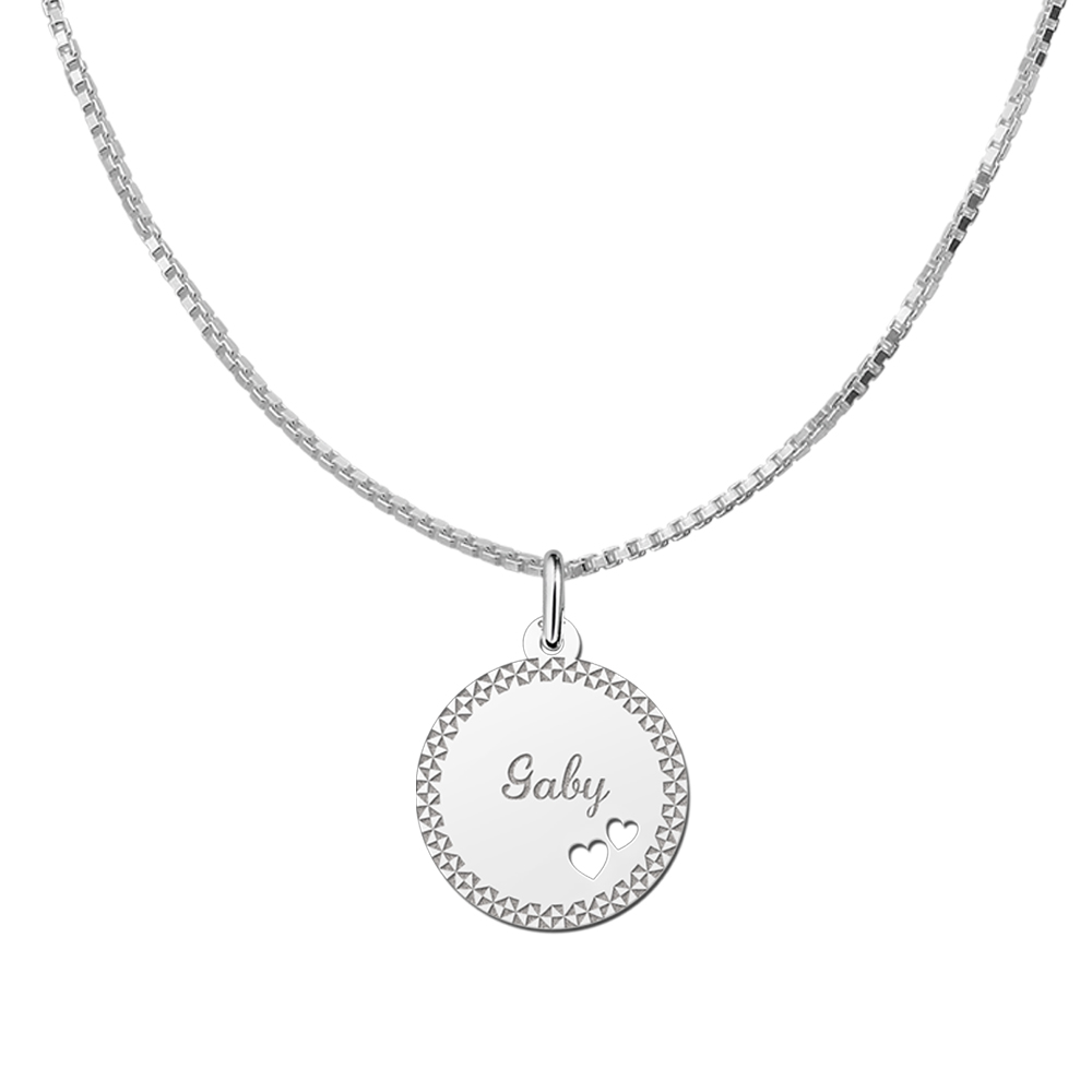 Silver Disc Necklace with Name, Border and Two Hearts