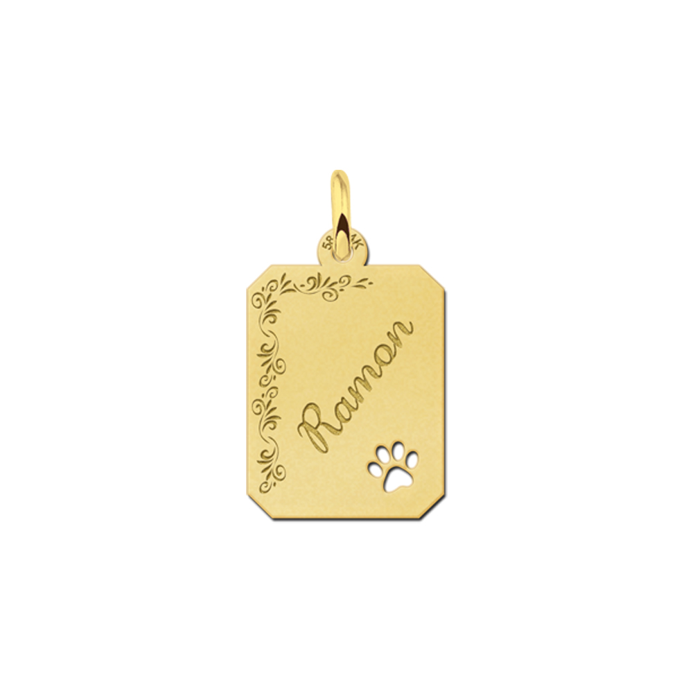Gold Personalised Dog Tag with Name, Flowers and Dog Paw