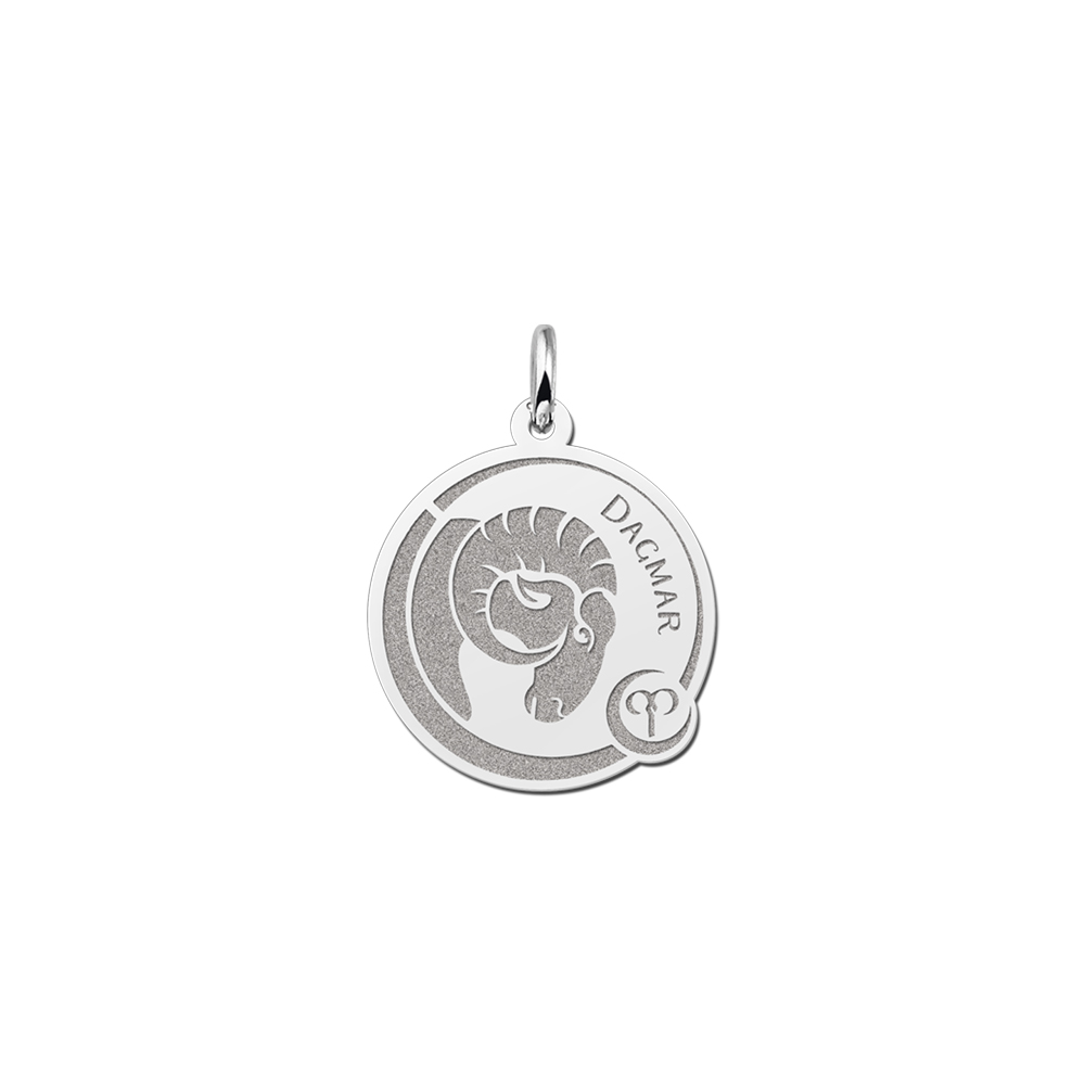 Silver Round Zodiac Pendant Aries with Name Engraving