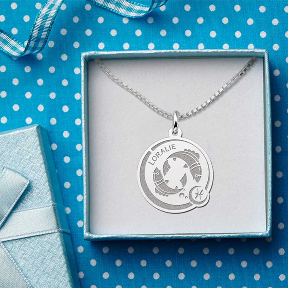 Silver Round Zodiac Pendant Aries with Name Engraving