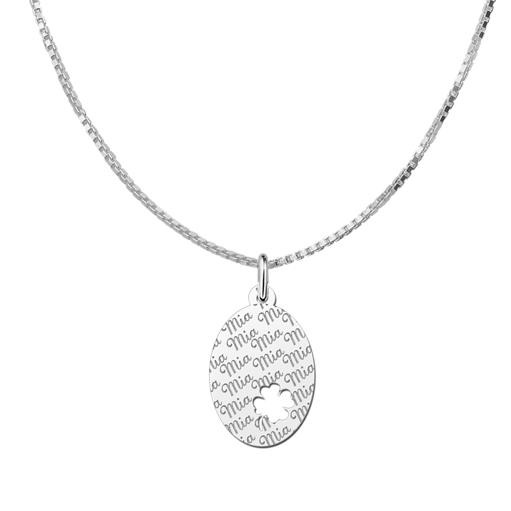Repeatedly Engraved Silver Oval Necklace with Four Clover