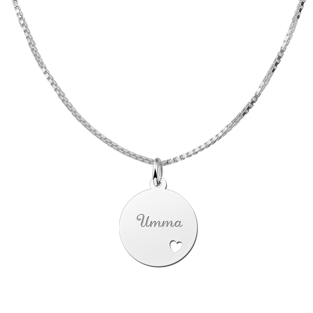 Silver Disc Necklace with Name and Small Heart