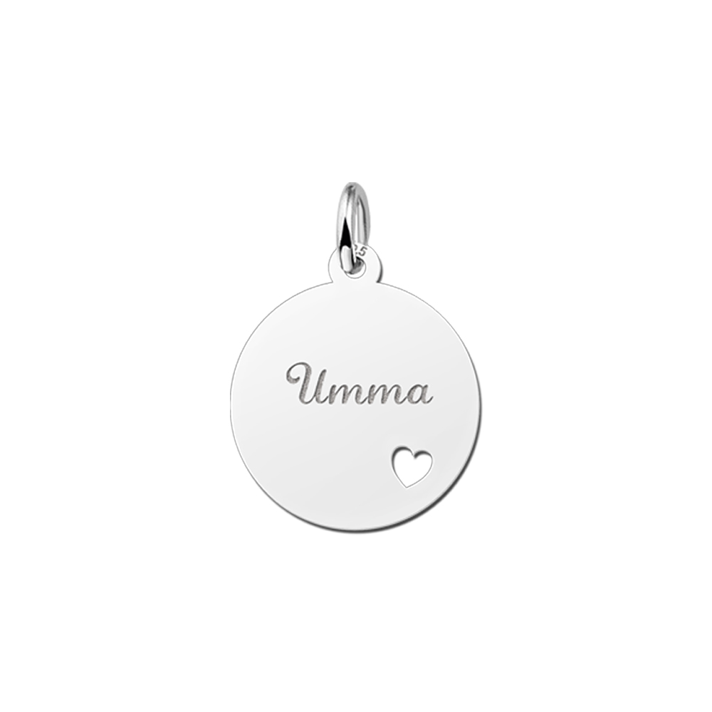 Silver round pendant with name and cut-out heart