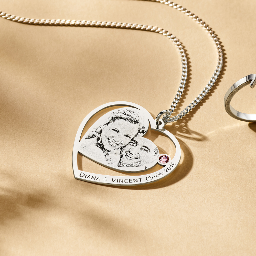 Photo pendant with heart and birthstone silver