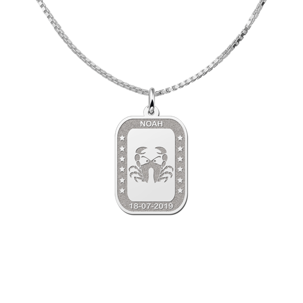 Silver Rectangular Zodiac Pendant Cancer with Name Engraving