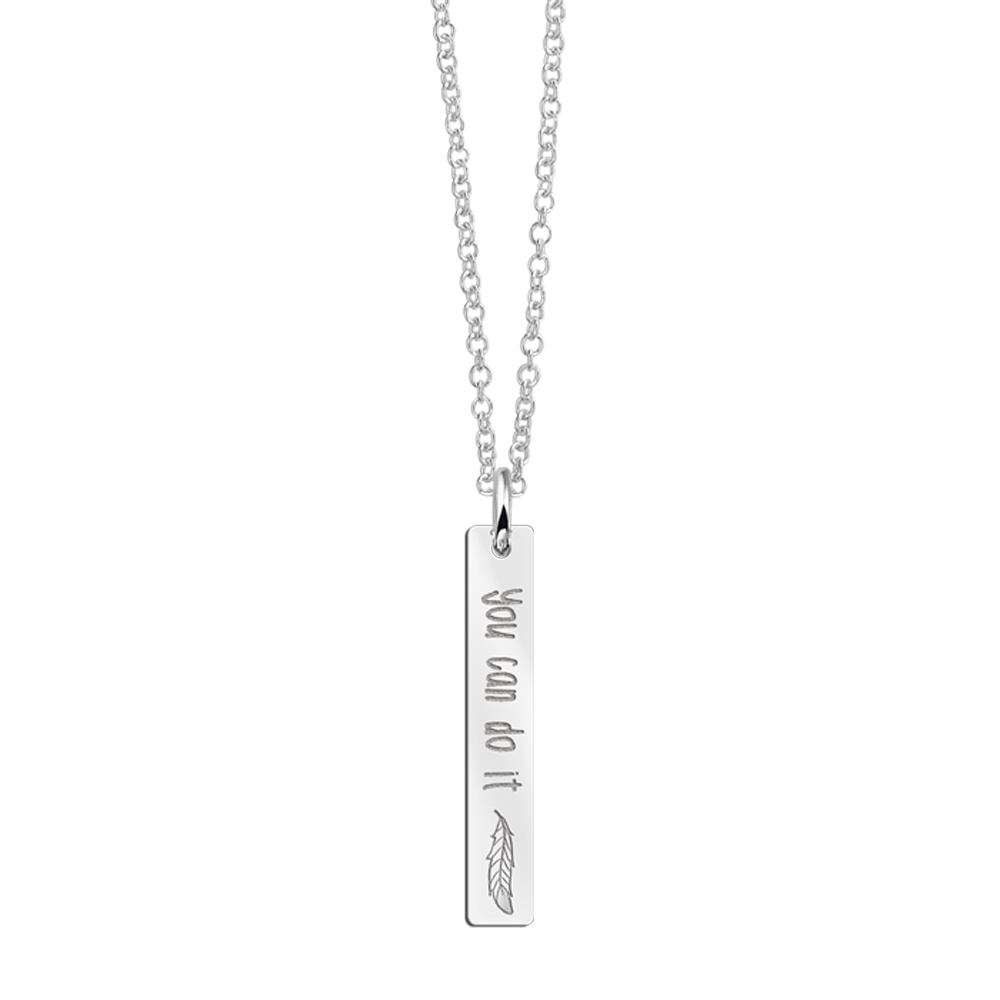 Silver bar necklace pendant with engravement and feather