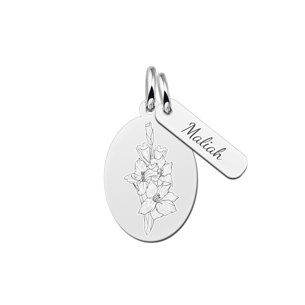Silver birth flower pendant with name
