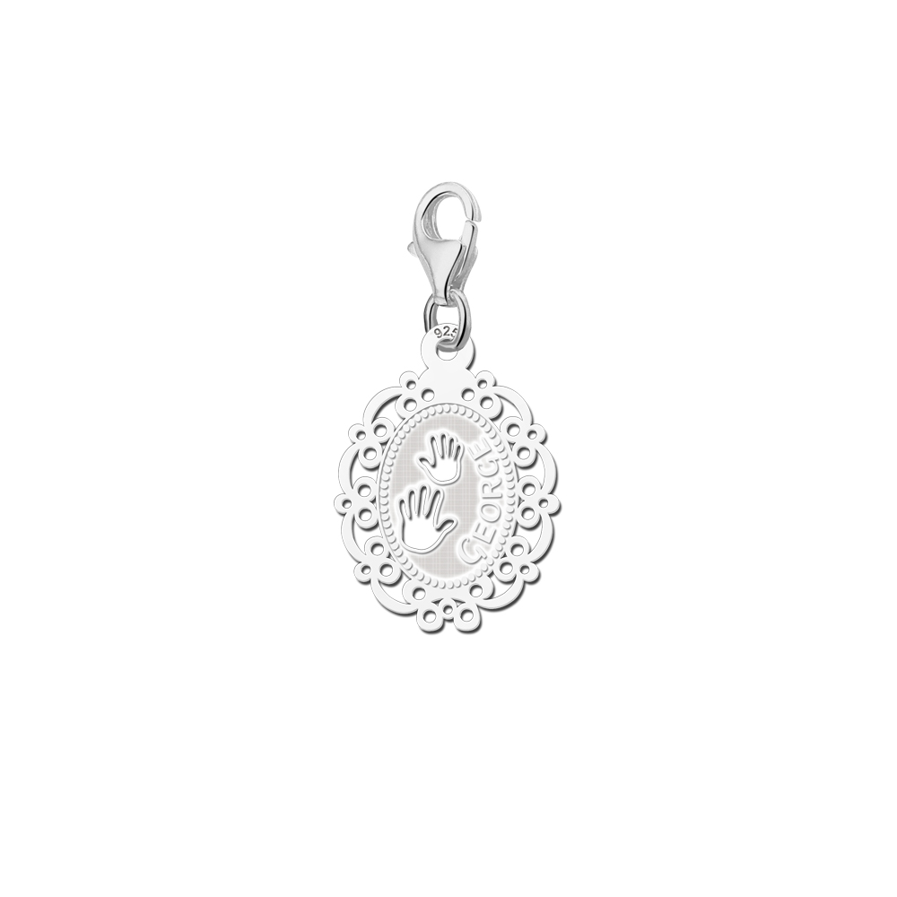 Silver baby charm cameo hands with name