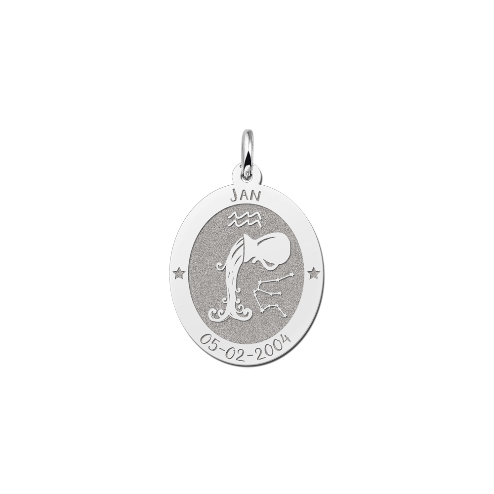 Silver Oval Zodiac Pendant Aquarius with Name Engraving