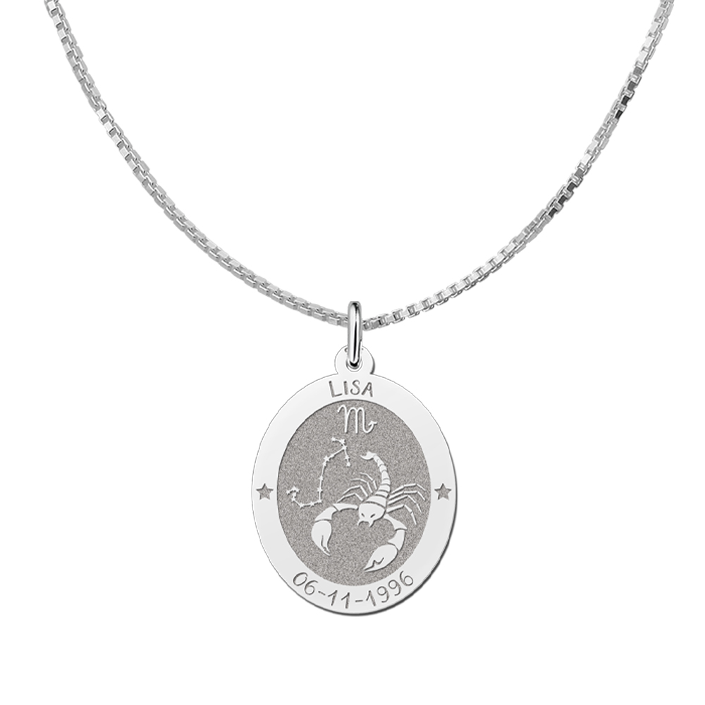 Silver Oval Zodiac Pendant Aquarius with Name Engraving