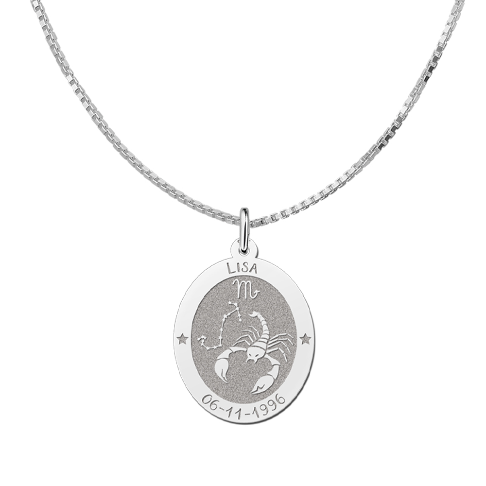 Silver oval zodiac pendant Aquarius