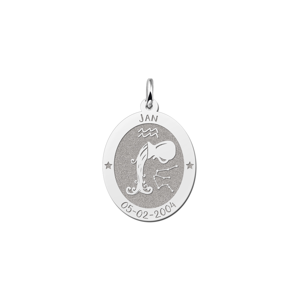 Silver oval zodiac pendant Aquarius