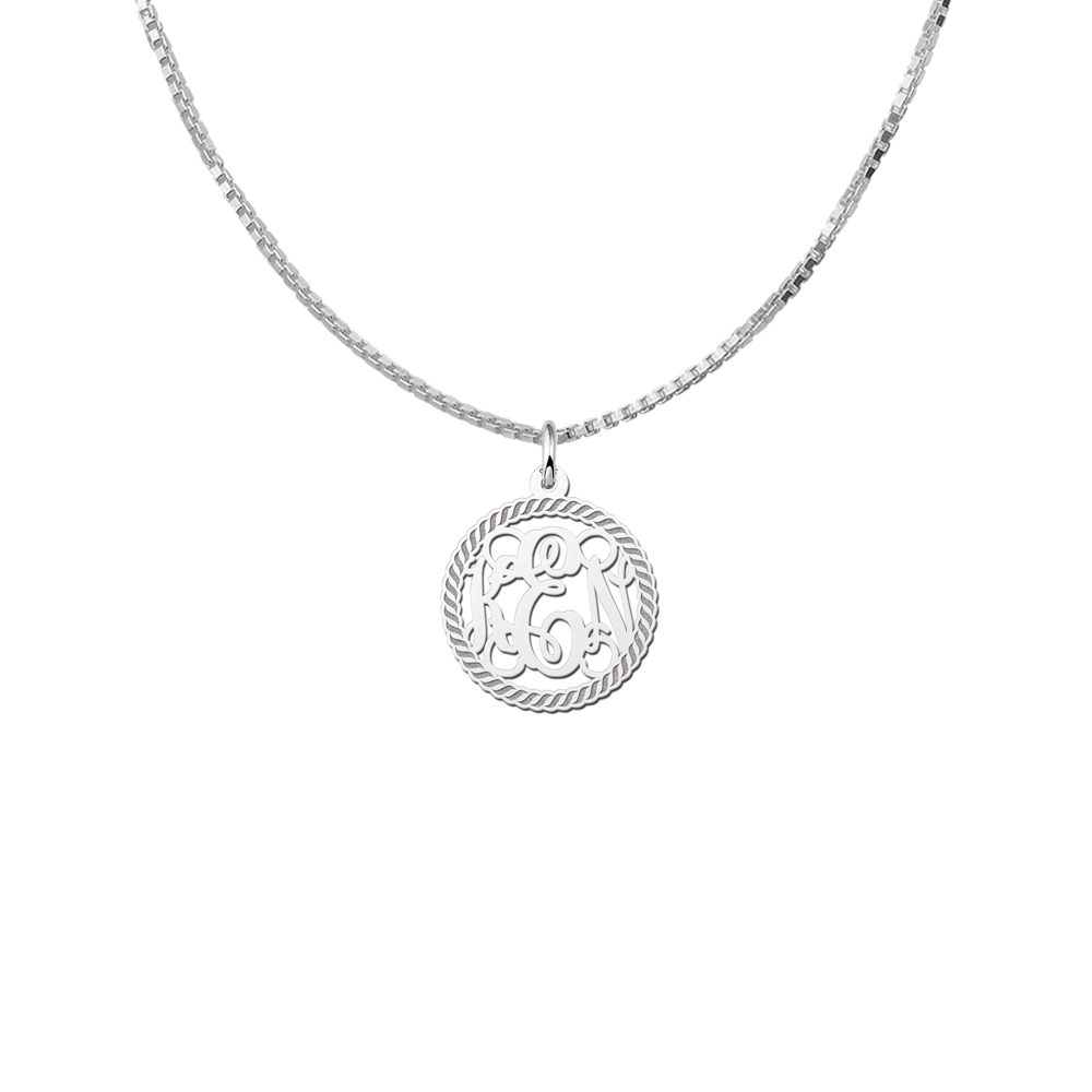 Silver Monogram Necklace with Engraved Border, Small