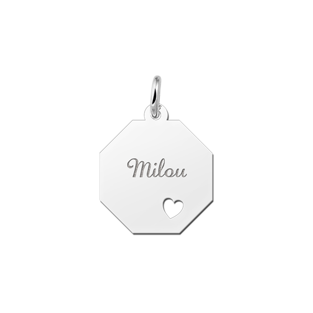 Silver octagonal pendant with custom name and cut-out heart