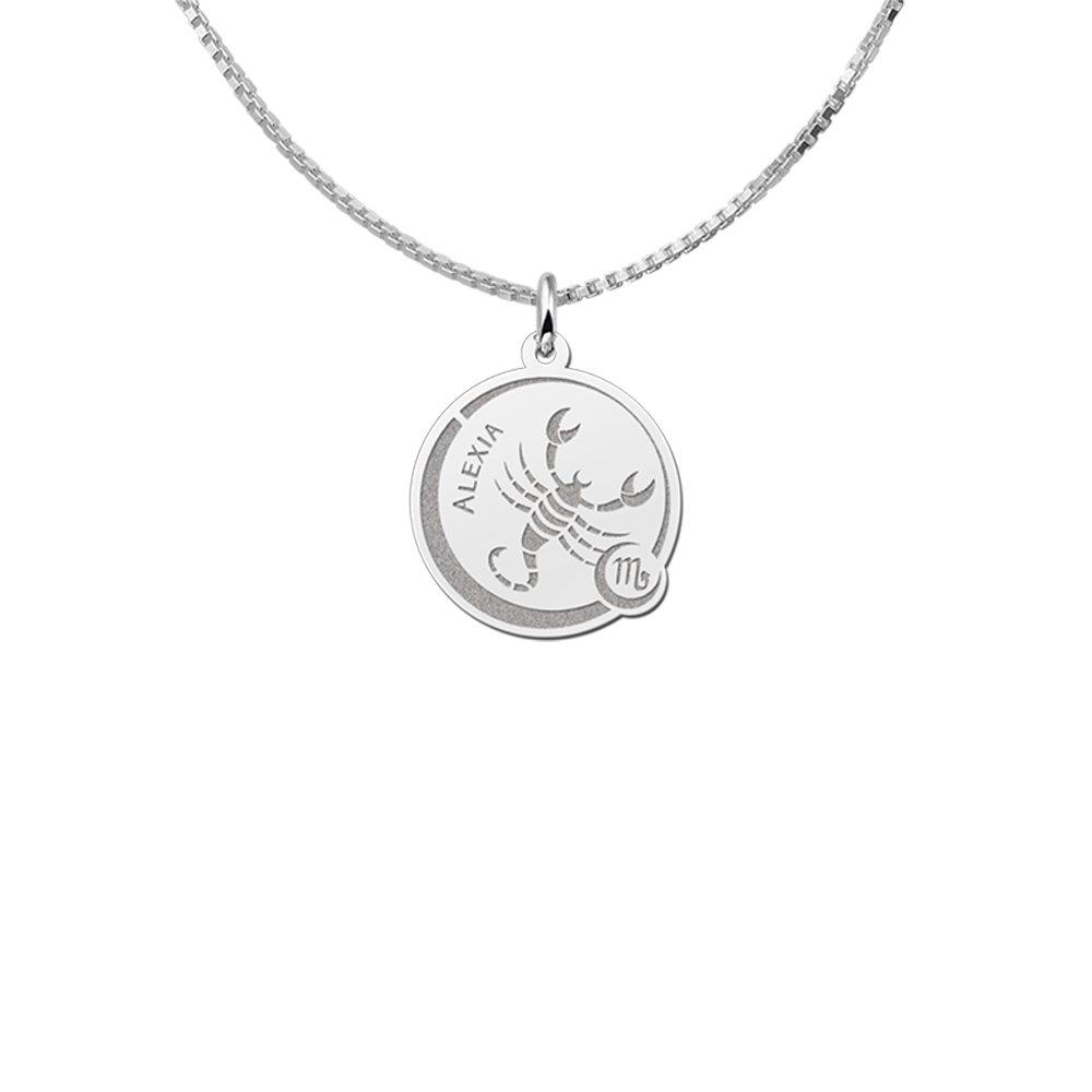Silver Round Zodiac Pendant Scorpio with Name Engraving