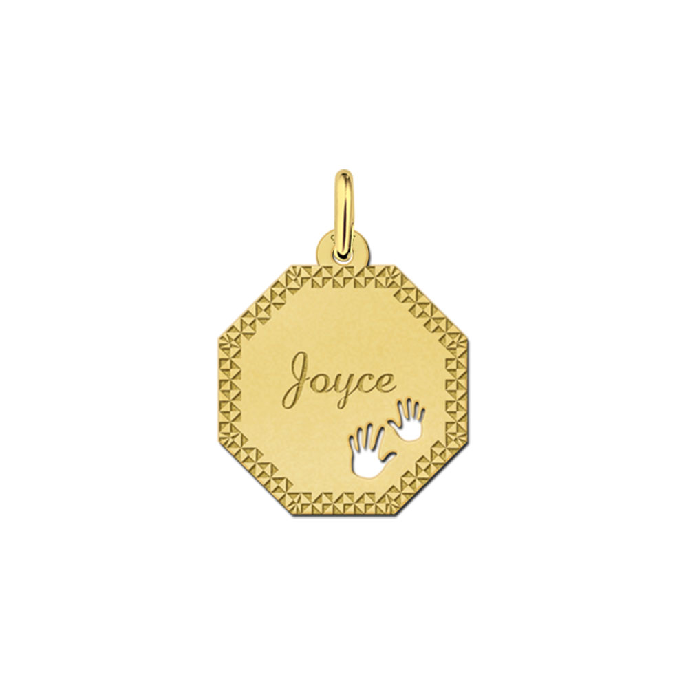 Gold-plated octagonal pendant with decorative border and baby hands