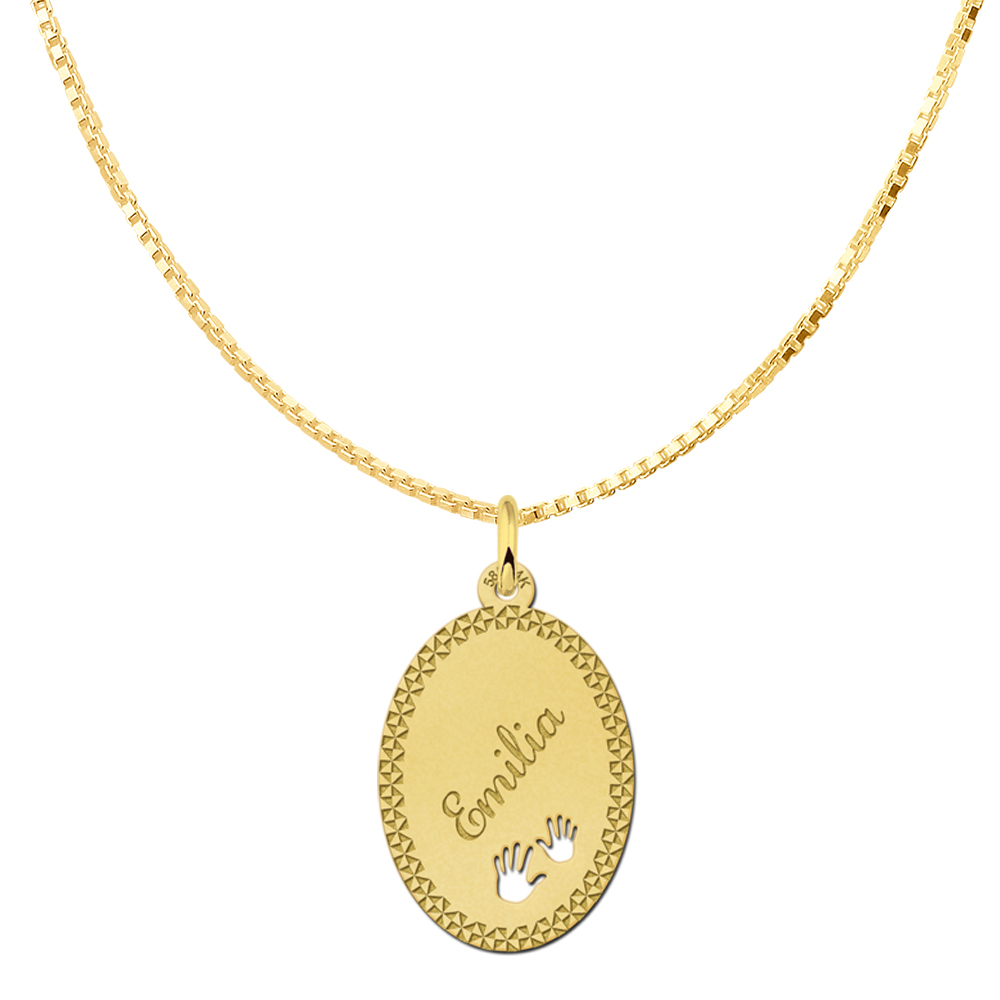 Gold Oval Pendant with Name, Border and Hands large