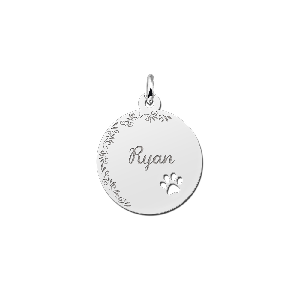 Silver Disc Necklace with Name, Flowerborder and Dog Paw