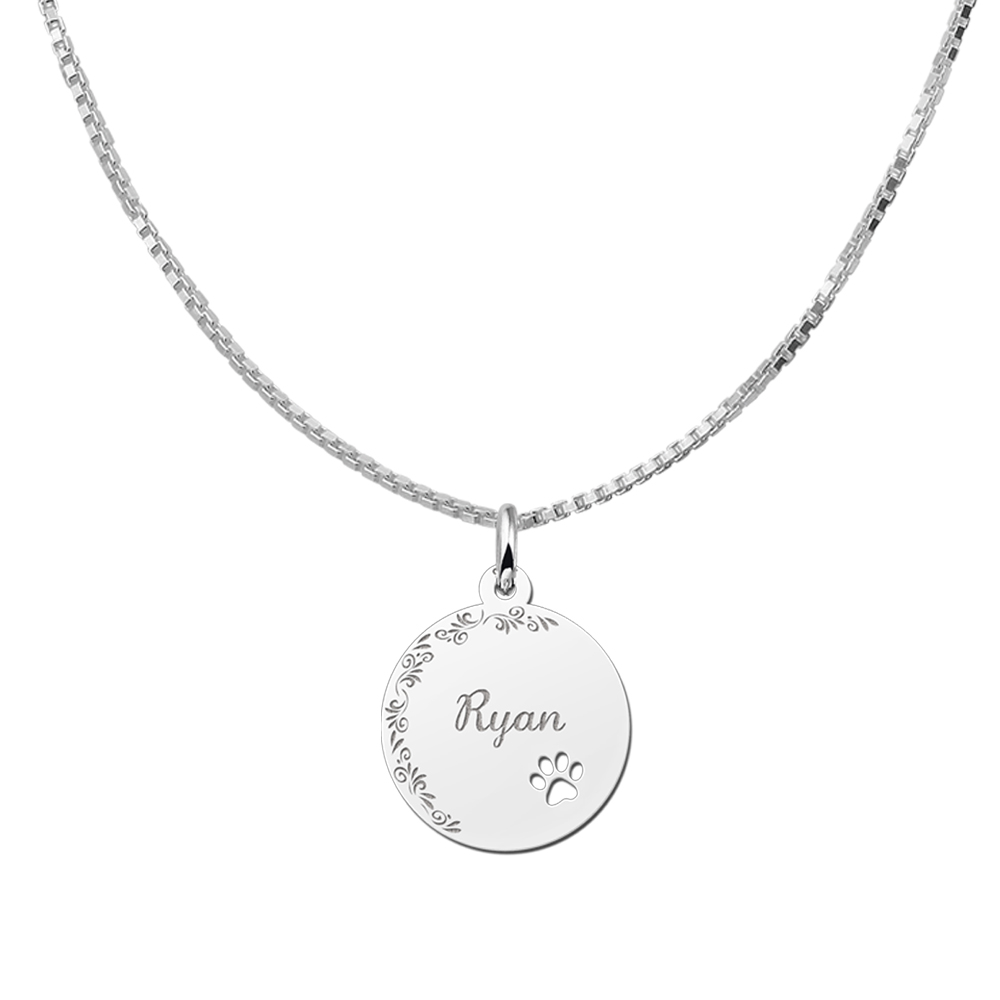 Silver Disc Necklace with Name, Flowerborder and Dog Paw