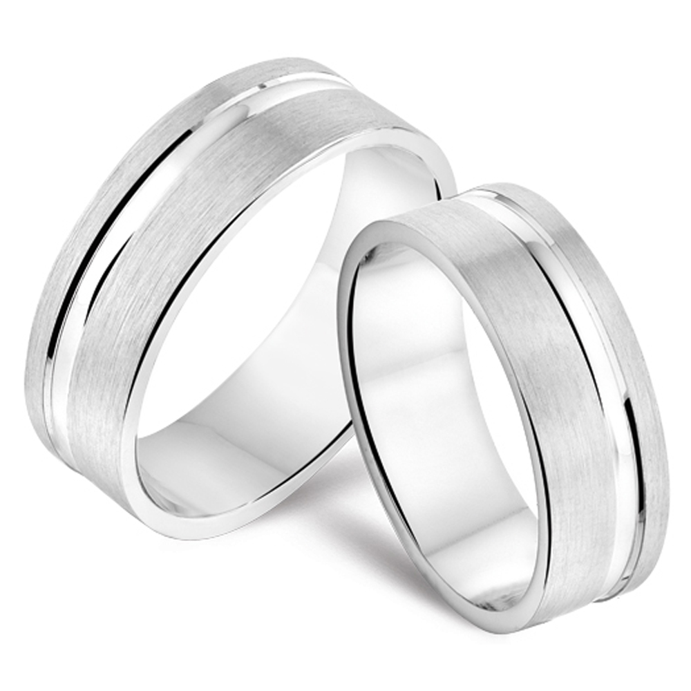 Silver brushed friendship rings with inlaid polished band