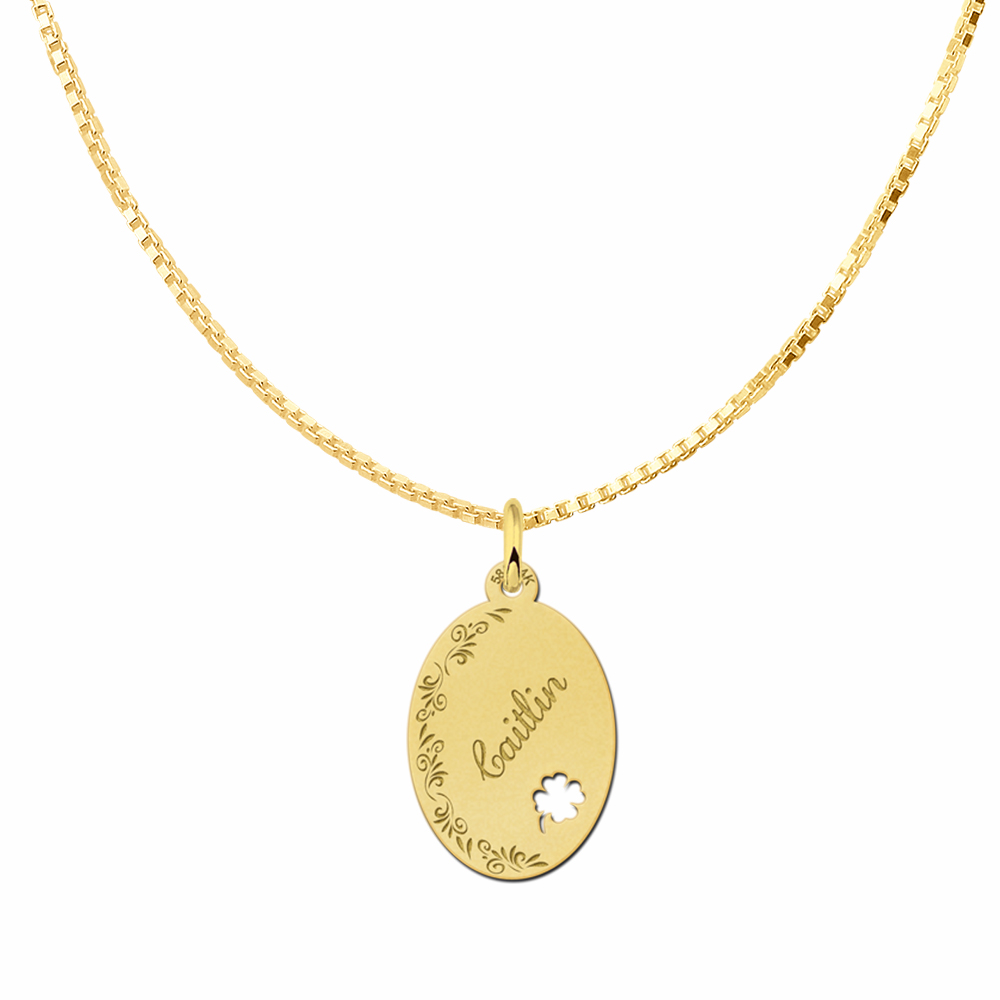 Engraved Golden Oval Necklace with Flowers and Four Clover